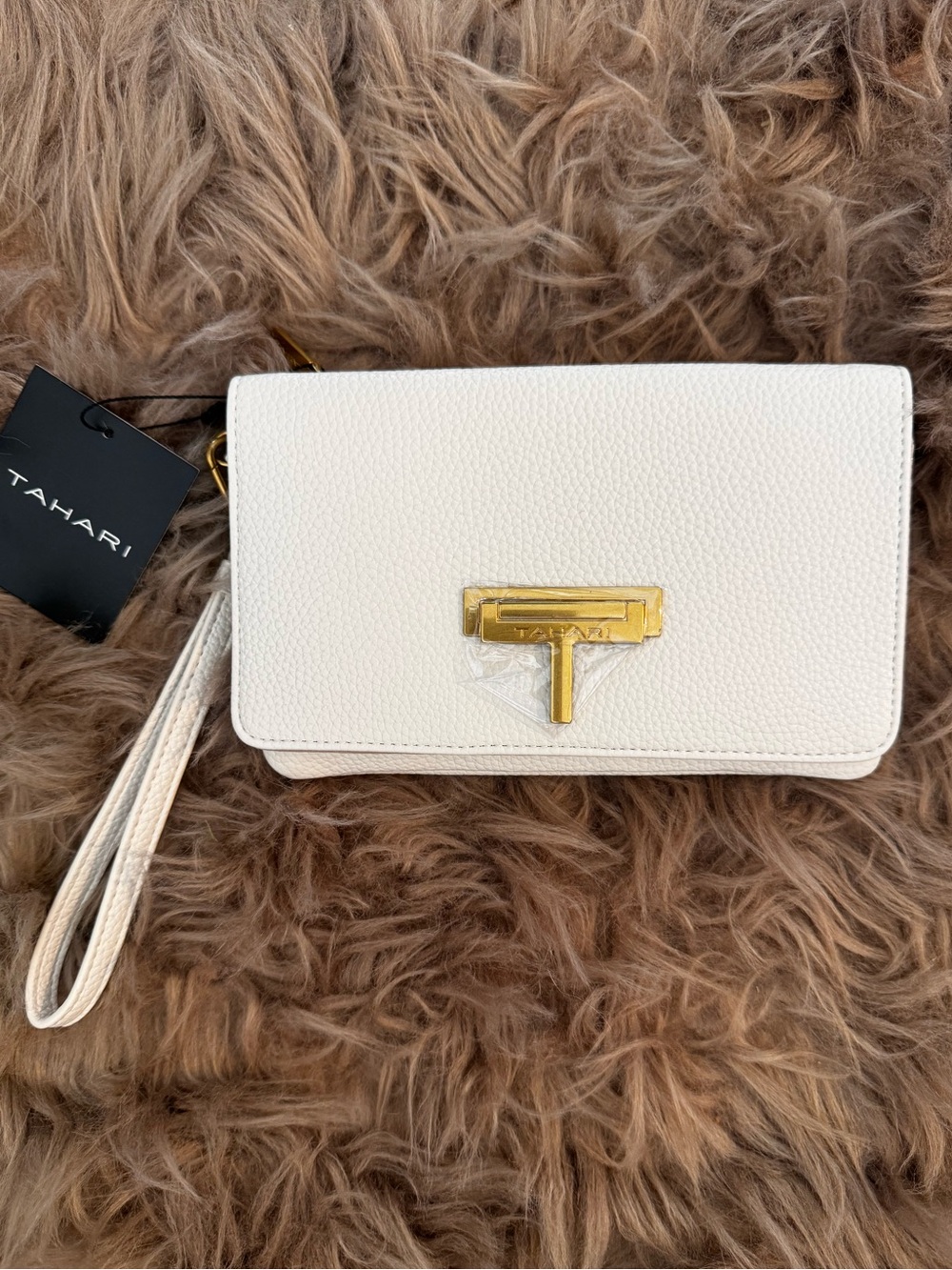Tahari T monogram gold wristlet bag off white cream bag